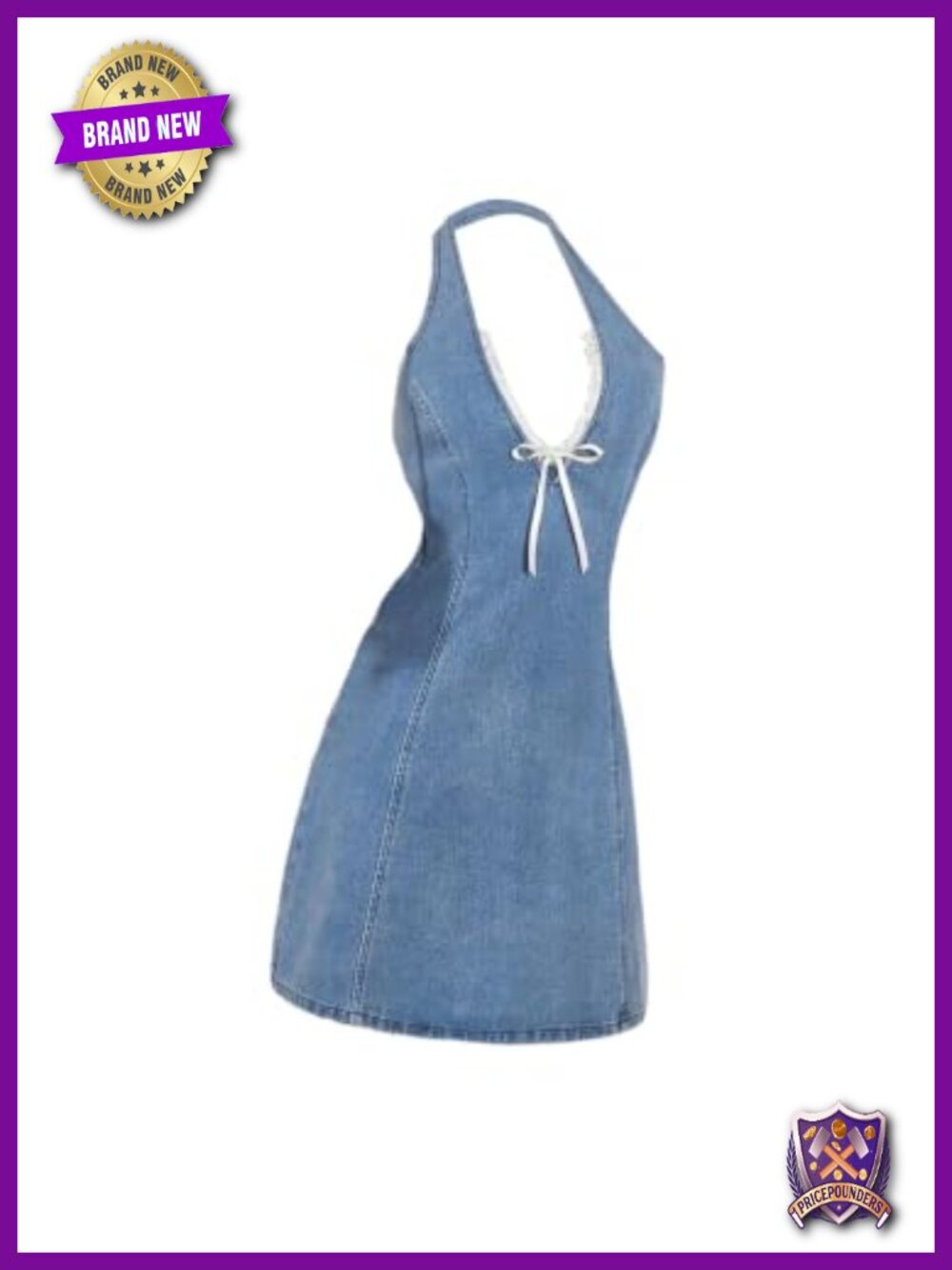 Bow Halter Mini Denim Dress Lace Trim Open Back Bodycon Y2K Club Party